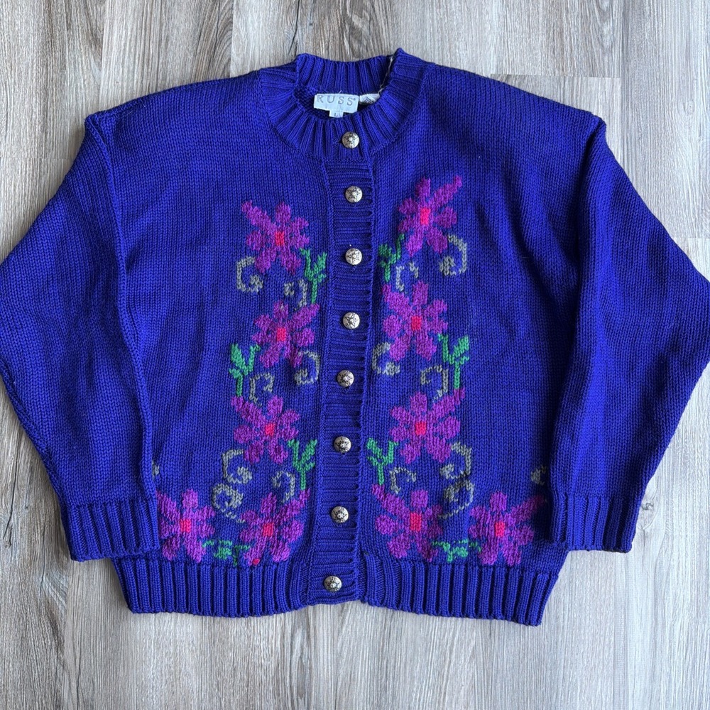 Vintage Ms Russ Purple Flower Silver Button Acrylic Wool Cardigan Sweater Sz L‎